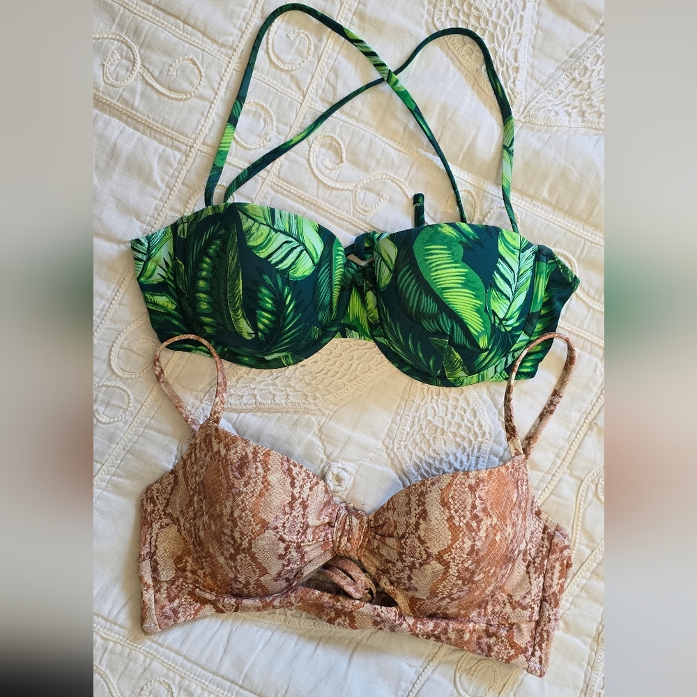 Shade & Shore Green Leaf and Brown Snake Print Bikinis